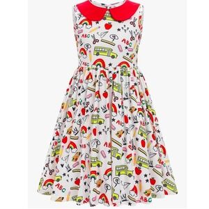 Girls Back to School Dress School Bus Pencil Print Red Peter Pan Collar so 5/6